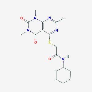 molecular formula C17H23N5O3S B2736272 N-cyclohexyl-2-((2,6,8-trimethyl-5,7-dioxo-5,6,7,8-tetrahydropyrimido[4,5-d]pyrimidin-4-yl)thio)acetamide CAS No. 852168-37-7