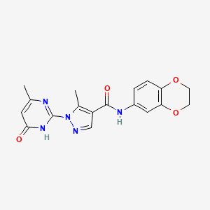 molecular formula C18H17N5O4 B2736308 N-(2,3-dihydrobenzo[b][1,4]dioxin-6-yl)-5-methyl-1-(4-methyl-6-oxo-1,6-dihydropyrimidin-2-yl)-1H-pyrazole-4-carboxamide CAS No. 1170646-01-1