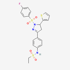 molecular formula C21H20FN3O4S3 B2736317 N-(4-(1-((4-fluorophenyl)sulfonyl)-5-(thiophen-2-yl)-4,5-dihydro-1H-pyrazol-3-yl)phenyl)ethanesulfonamide CAS No. 851781-98-1