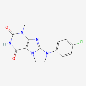 molecular formula C14H12ClN5O2 B2736353 8-(4-Chlorophenyl)-1-methyl-1,3,5-trihydroimidazolidino[1,2-h]purine-2,4-dione CAS No. 838900-69-9