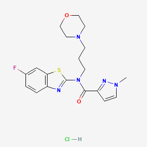 molecular formula C19H23ClFN5O2S B2736358 N-(6-fluoro-1,3-benzothiazol-2-yl)-1-methyl-N-[3-(morpholin-4-yl)propyl]-1H-pyrazole-3-carboxamide hydrochloride CAS No. 1185002-51-0