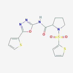 molecular formula C15H14N4O4S3 B2736369 N-(5-(thiophen-2-yl)-1,3,4-oxadiazol-2-yl)-1-(thiophen-2-ylsulfonyl)pyrrolidine-2-carboxamide CAS No. 1098640-36-8