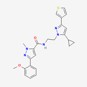 molecular formula C24H25N5O2S B2736468 N-(2-(5-cyclopropyl-3-(thiophen-3-yl)-1H-pyrazol-1-yl)ethyl)-3-(2-methoxyphenyl)-1-methyl-1H-pyrazole-5-carboxamide CAS No. 2034477-47-7