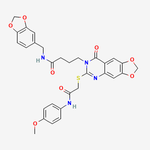 molecular formula C30H28N4O8S B2736588 N-[(2H-1,3-benzodioxol-5-yl)methyl]-4-[6-({[(4-methoxyphenyl)carbamoyl]methyl}sulfanyl)-8-oxo-2H,7H,8H-[1,3]dioxolo[4,5-g]quinazolin-7-yl]butanamide CAS No. 688060-35-7