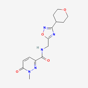 molecular formula C14H17N5O4 B2736803 1-methyl-6-oxo-N-((3-(tetrahydro-2H-pyran-4-yl)-1,2,4-oxadiazol-5-yl)methyl)-1,6-dihydropyridazine-3-carboxamide CAS No. 2034562-02-0
