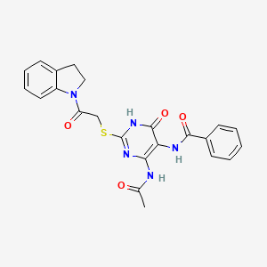 molecular formula C23H21N5O4S B2737031 N-(4-acetamido-2-((2-(indolin-1-yl)-2-oxoethyl)thio)-6-oxo-1,6-dihydropyrimidin-5-yl)benzamide CAS No. 872608-68-9