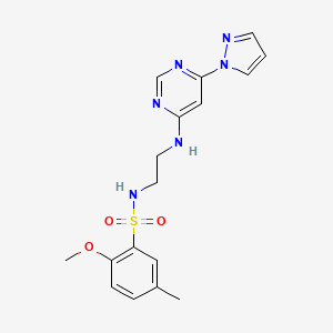 molecular formula C17H20N6O3S B2737046 N-(2-((6-(1H-pyrazol-1-yl)pyrimidin-4-yl)amino)ethyl)-2-methoxy-5-methylbenzenesulfonamide CAS No. 1173039-31-0
