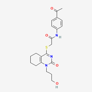 molecular formula C21H25N3O4S B2737133 N-(4-acetylphenyl)-2-((1-(3-hydroxypropyl)-2-oxo-1,2,5,6,7,8-hexahydroquinazolin-4-yl)thio)acetamide CAS No. 899743-30-7