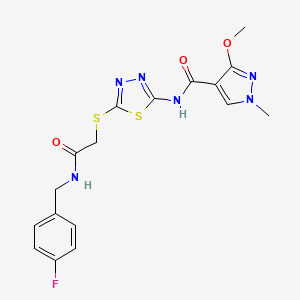 molecular formula C17H17FN6O3S2 B2737158 N-(5-((2-((4-fluorobenzyl)amino)-2-oxoethyl)thio)-1,3,4-thiadiazol-2-yl)-3-methoxy-1-methyl-1H-pyrazole-4-carboxamide CAS No. 1170092-76-8