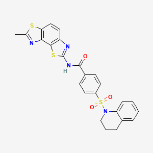 molecular formula C25H20N4O3S3 B2737281 N-{11-methyl-3,10-dithia-5,12-diazatricyclo[7.3.0.0^{2,6}]dodeca-1(9),2(6),4,7,11-pentaen-4-yl}-4-(1,2,3,4-tetrahydroquinoline-1-sulfonyl)benzamide CAS No. 394227-87-3