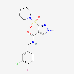 molecular formula C17H20ClFN4O3S B2737521 N-[(3-chloro-4-fluorophenyl)methyl]-1-methyl-3-(piperidine-1-sulfonyl)-1H-pyrazole-4-carboxamide CAS No. 1251592-77-4