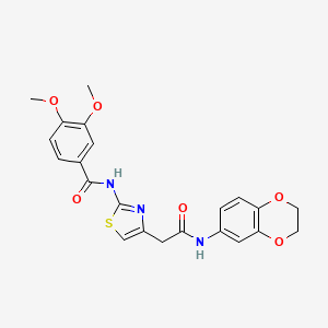 molecular formula C22H21N3O6S B2737568 N-(4-{[(2,3-dihydro-1,4-benzodioxin-6-yl)carbamoyl]methyl}-1,3-thiazol-2-yl)-3,4-dimethoxybenzamide CAS No. 1005295-15-7