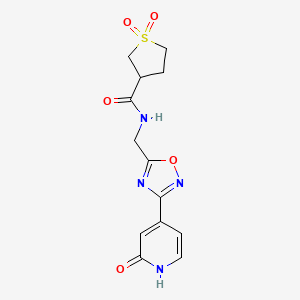 molecular formula C13H14N4O5S B2737590 N-((3-(2-oxo-1,2-dihydropyridin-4-yl)-1,2,4-oxadiazol-5-yl)methyl)tetrahydrothiophene-3-carboxamide 1,1-dioxide CAS No. 1904372-58-2
