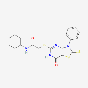 molecular formula C19H20N4O2S3 B2737633 N-cyclohexyl-2-((7-oxo-3-phenyl-2-thioxo-2,3,6,7-tetrahydrothiazolo[4,5-d]pyrimidin-5-yl)thio)acetamide CAS No. 1021251-58-0