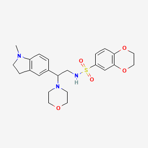 molecular formula C23H29N3O5S B2737733 N-(2-(1-methylindolin-5-yl)-2-morpholinoethyl)-2,3-dihydrobenzo[b][1,4]dioxine-6-sulfonamide CAS No. 946347-36-0