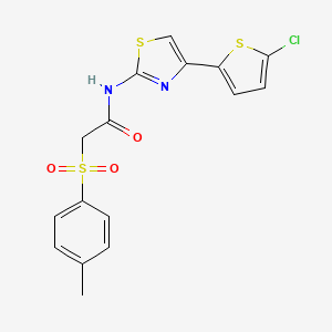 molecular formula C16H13ClN2O3S3 B2737739 N-[4-(5-chlorothiophen-2-yl)-1,3-thiazol-2-yl]-2-(4-methylbenzenesulfonyl)acetamide CAS No. 895444-59-4