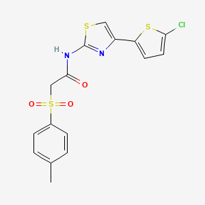 molecular formula C16H13ClN2O3S3 B2737739 N-(4-(5-chlorothiophen-2-yl)thiazol-2-yl)-2-tosylacetamide CAS No. 895444-59-4
