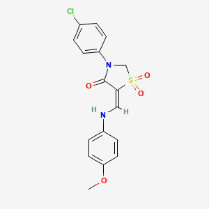 molecular formula C17H15ClN2O4S B2737934 3-(4-Chlorophenyl)-5-[(4-methoxyanilino)methylene]-1lambda~6~,3-thiazolane-1,1,4-trione CAS No. 338752-89-9