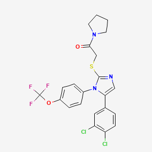 molecular formula C22H18Cl2F3N3O2S B2737936 2-((5-(3,4-dichlorophenyl)-1-(4-(trifluoromethoxy)phenyl)-1H-imidazol-2-yl)thio)-1-(pyrrolidin-1-yl)ethanone CAS No. 1226459-44-4