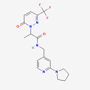 molecular formula C18H20F3N5O2 B2737969 2-[6-Oxo-3-(trifluoromethyl)pyridazin-1-yl]-N-[(2-pyrrolidin-1-ylpyridin-4-yl)methyl]propanamide CAS No. 2380187-43-7