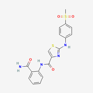 molecular formula C18H16N4O4S2 B2737976 N-(2-carbamoylphenyl)-2-((4-(methylsulfonyl)phenyl)amino)thiazole-4-carboxamide CAS No. 1171475-34-5