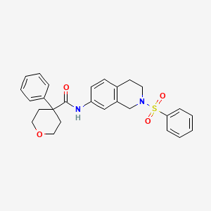 molecular formula C27H28N2O4S B2737996 4-phenyl-N-(2-(phenylsulfonyl)-1,2,3,4-tetrahydroisoquinolin-7-yl)tetrahydro-2H-pyran-4-carboxamide CAS No. 1207005-13-7