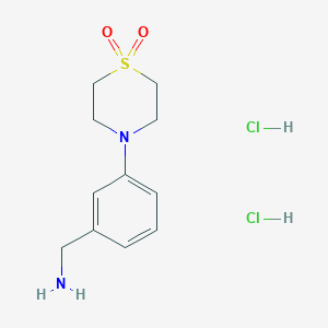 molecular formula C11H18Cl2N2O2S B2738023 4-[3-(Aminomethyl)phenyl]thiomorpholine-1,1-dione dihydrochloride CAS No. 2251053-21-9