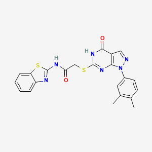 molecular formula C22H18N6O2S2 B2738052 N-(1,3-BENZOTHIAZOL-2-YL)-2-{[1-(3,4-DIMETHYLPHENYL)-4-OXO-1H,4H,5H-PYRAZOLO[3,4-D]PYRIMIDIN-6-YL]SULFANYL}ACETAMIDE CAS No. 851125-79-6