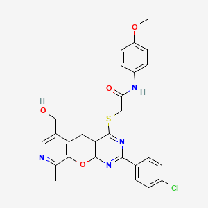 molecular formula C27H23ClN4O4S B2738075 2-((2-(4-chlorophenyl)-6-(hydroxymethyl)-9-methyl-5H-pyrido[4',3':5,6]pyrano[2,3-d]pyrimidin-4-yl)thio)-N-(4-methoxyphenyl)acetamide CAS No. 892384-04-2
