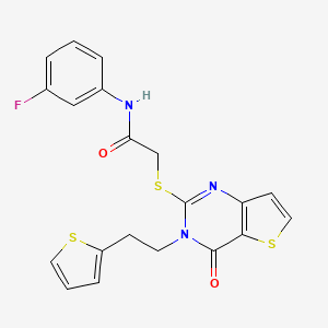 molecular formula C20H16FN3O2S3 B2738367 N-(3-fluorophenyl)-2-({4-oxo-3-[2-(thiophen-2-yl)ethyl]-3,4-dihydrothieno[3,2-d]pyrimidin-2-yl}sulfanyl)acetamide CAS No. 1260998-78-4