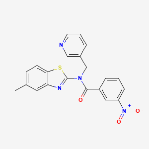 molecular formula C22H18N4O3S B2738405 N-(5,7-dimethylbenzo[d]thiazol-2-yl)-3-nitro-N-(pyridin-3-ylmethyl)benzamide CAS No. 895422-24-9