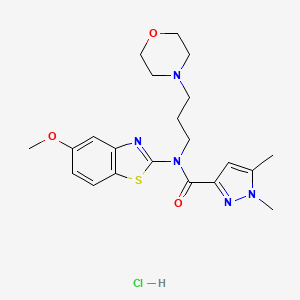 molecular formula C21H28ClN5O3S B2738441 N-(5-methoxy-1,3-benzothiazol-2-yl)-1,5-dimethyl-N-[3-(morpholin-4-yl)propyl]-1H-pyrazole-3-carboxamide hydrochloride CAS No. 1216581-55-3
