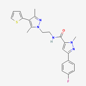 molecular formula C22H22FN5OS B2738459 N-(2-(3,5-dimethyl-4-(thiophen-2-yl)-1H-pyrazol-1-yl)ethyl)-3-(4-fluorophenyl)-1-methyl-1H-pyrazole-5-carboxamide CAS No. 2034323-75-4