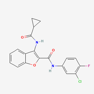 molecular formula C19H14ClFN2O3 B2738590 N-(3-chloro-4-fluorophenyl)-3-cyclopropaneamido-1-benzofuran-2-carboxamide CAS No. 888463-67-0