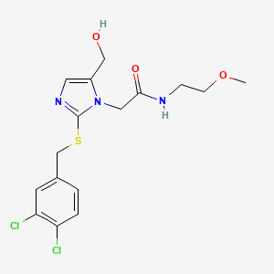 molecular formula C16H19Cl2N3O3S B2738657 2-(2-((3,4-dichlorobenzyl)thio)-5-(hydroxymethyl)-1H-imidazol-1-yl)-N-(2-methoxyethyl)acetamide CAS No. 921885-20-3