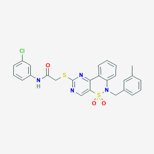 molecular formula C26H21ClN4O3S2 B2738720 N-(3-chlorophenyl)-2-({9-[(3-methylphenyl)methyl]-8,8-dioxo-8lambda6-thia-3,5,9-triazatricyclo[8.4.0.0^{2,7}]tetradeca-1(14),2(7),3,5,10,12-hexaen-4-yl}sulfanyl)acetamide CAS No. 895099-72-6