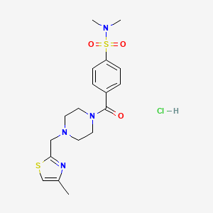 molecular formula C18H25ClN4O3S2 B2738829 N,N-dimethyl-4-(4-((4-methylthiazol-2-yl)methyl)piperazine-1-carbonyl)benzenesulfonamide hydrochloride CAS No. 1216457-52-1