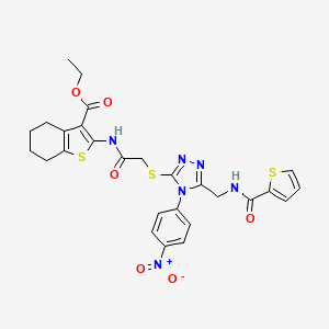 molecular formula C27H26N6O6S3 B2738951 ETHYL 2-(2-{[4-(4-NITROPHENYL)-5-{[(THIOPHEN-2-YL)FORMAMIDO]METHYL}-4H-1,2,4-TRIAZOL-3-YL]SULFANYL}ACETAMIDO)-4,5,6,7-TETRAHYDRO-1-BENZOTHIOPHENE-3-CARBOXYLATE CAS No. 393805-64-6