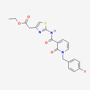 molecular formula C20H18FN3O4S B2739202 ethyl 2-(2-{1-[(4-fluorophenyl)methyl]-2-oxo-1,2-dihydropyridine-3-amido}-1,3-thiazol-4-yl)acetate CAS No. 951467-77-9