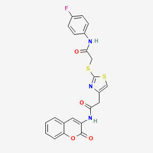 molecular formula C22H16FN3O4S2 B2739388 N-(4-fluorophenyl)-2-((4-(2-oxo-2-((2-oxo-2H-chromen-3-yl)amino)ethyl)thiazol-2-yl)thio)acetamide CAS No. 1203056-77-2