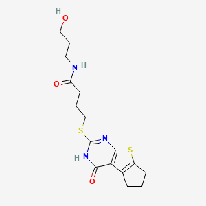 molecular formula C16H21N3O3S2 B2739509 N-(3-hydroxypropyl)-4-[(1-oxo-2,6,7,8-tetrahydrocyclopenta[2,3]thieno[2,4-b]pyrimidin-3-yl)thio]butanamide CAS No. 433699-92-4