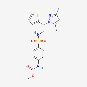 molecular formula C19H22N4O4S2 B2739593 methyl (4-(N-(2-(3,5-dimethyl-1H-pyrazol-1-yl)-2-(thiophen-2-yl)ethyl)sulfamoyl)phenyl)carbamate CAS No. 2034599-11-4