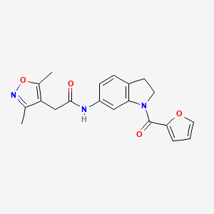 molecular formula C20H19N3O4 B2739610 2-(3,5-dimethylisoxazol-4-yl)-N-(1-(furan-2-carbonyl)indolin-6-yl)acetamide CAS No. 1448135-87-2
