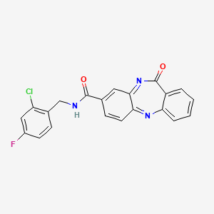 molecular formula C21H15ClFN3O2 B2739627 N-[(2-chloro-4-fluorophenyl)methyl]-10-oxo-2,9-diazatricyclo[9.4.0.0^{3,8}]pentadeca-1(11),3(8),4,6,12,14-hexaene-6-carboxamide CAS No. 2034242-38-9
