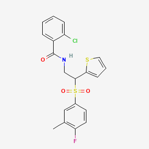 molecular formula C20H17ClFNO3S2 B2739657 2-chloro-N-[2-(4-fluoro-3-methylbenzenesulfonyl)-2-(thiophen-2-yl)ethyl]benzamide CAS No. 946348-73-8