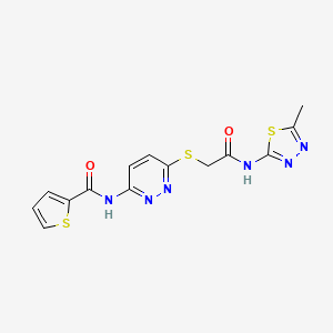 molecular formula C14H12N6O2S3 B2739738 N-(6-((2-((5-methyl-1,3,4-thiadiazol-2-yl)amino)-2-oxoethyl)thio)pyridazin-3-yl)thiophene-2-carboxamide CAS No. 1021136-81-1