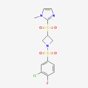 molecular formula C13H13ClFN3O4S2 B2739872 2-((1-((3-chloro-4-fluorophenyl)sulfonyl)azetidin-3-yl)sulfonyl)-1-methyl-1H-imidazole CAS No. 2034490-57-6