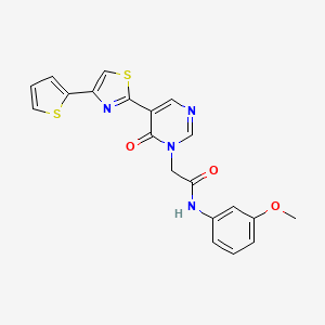 molecular formula C20H16N4O3S2 B2740162 N-(3-methoxyphenyl)-2-{6-oxo-5-[4-(thiophen-2-yl)-1,3-thiazol-2-yl]-1,6-dihydropyrimidin-1-yl}acetamide CAS No. 1251572-67-4