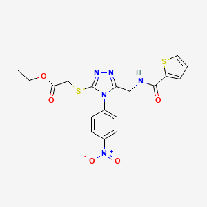 molecular formula C18H17N5O5S2 B2740211 ethyl 2-{[4-(4-nitrophenyl)-5-{[(thiophen-2-yl)formamido]methyl}-4H-1,2,4-triazol-3-yl]sulfanyl}acetate CAS No. 689749-28-8
