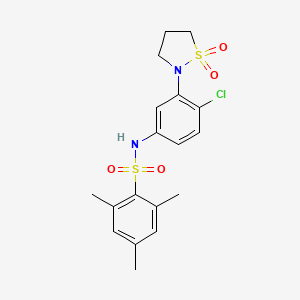 molecular formula C18H21ClN2O4S2 B2740248 N-(4-chloro-3-(1,1-dioxidoisothiazolidin-2-yl)phenyl)-2,4,6-trimethylbenzenesulfonamide CAS No. 950474-51-8